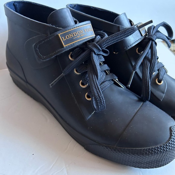 New London Fog 9 Womens Buckie Rain Boots Blue Low Rubber Tie - Picture 2 of 6